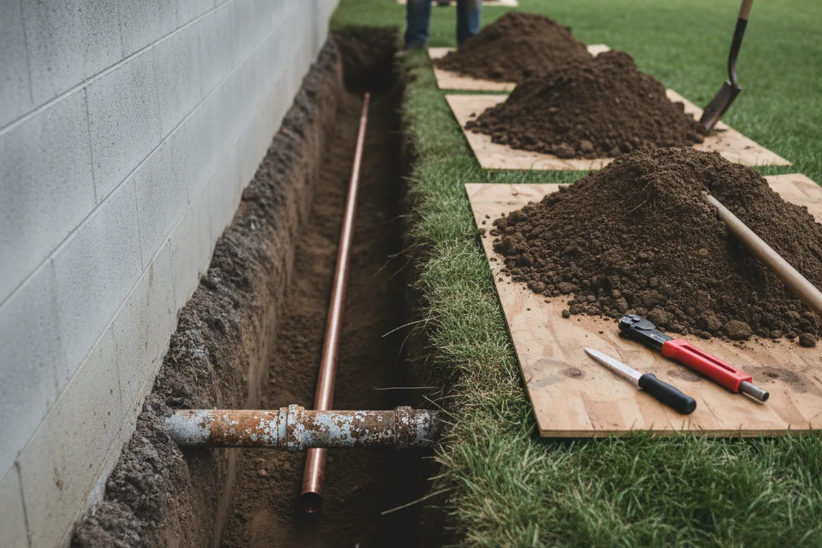 Excavated water line trench during Water Softener Installation in Schwertner